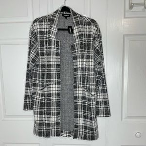 Express Long Open Front Long Sweater Jacket Cardigan Grey Plaid